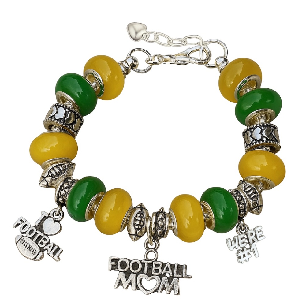 Football Mom Beaded Charm Bracelet - Yellow and Green Beads